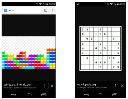Figura 7 - Fotos de capturas de tela de um smartphone com o jogo tetris  a esquerda e o jogo sodoku a direita