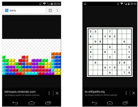 Figura 7 - Fotos de capturas de tela de um smartphone com o jogo  tetris a esquerda e o jogo sodoku a direita
