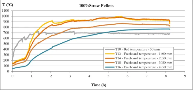 Figure 5.7 – Temperature profile evolution in the heating and test run periods of the 100%Straw pellets test