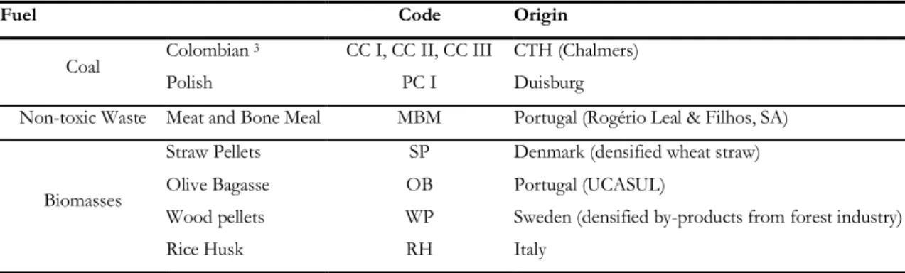 Table 5.1 – Identification and codification of the monocombustion and co-combustion tests