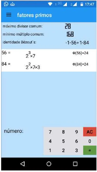 Figura 5  – Ferramenta “fatores primos” do app “Mathematics” incluídos os números 56 e 84