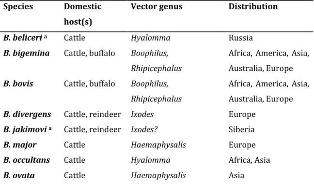 Table  1.1.  Known  Babesia  species  of  cattle,  their  ixodid  tick  vector  genus  and  geographical distribution