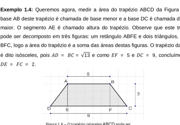 Figura 1.6 – O t rapézio isósceles  ABCD  pode ser  decom post o em um ret ângulo e dois t riângulos ret ângulos