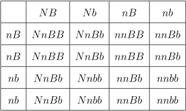 Tabela 3.10: Cruzamento N nBb × nnBb entre um indiv´ıduo Mulato m´edio e um Mulato claro