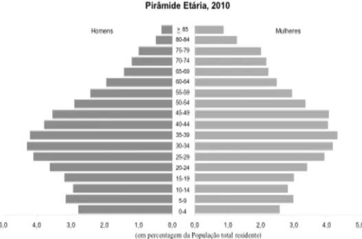 Figura 1 - Pirâmide Etária da população residente na RAM em 2010, %  Fonte: Direcção Regional de Estatística da Madeira (2010) 