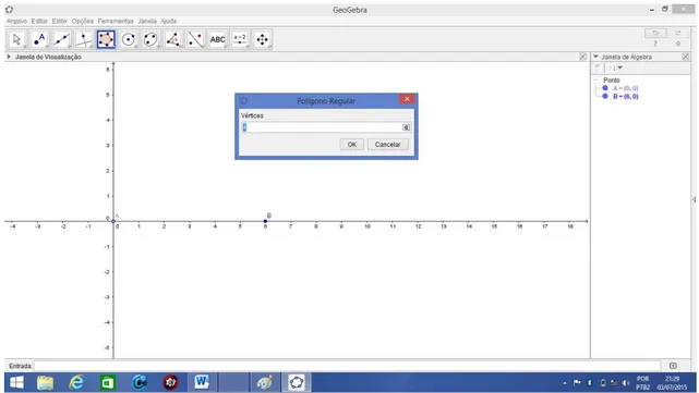 Figura 4.2.17: Pontos A e B na Janela de Visualização e caixa para inserirmos o número de vértices  do polígono regular no GeoGebra 3D