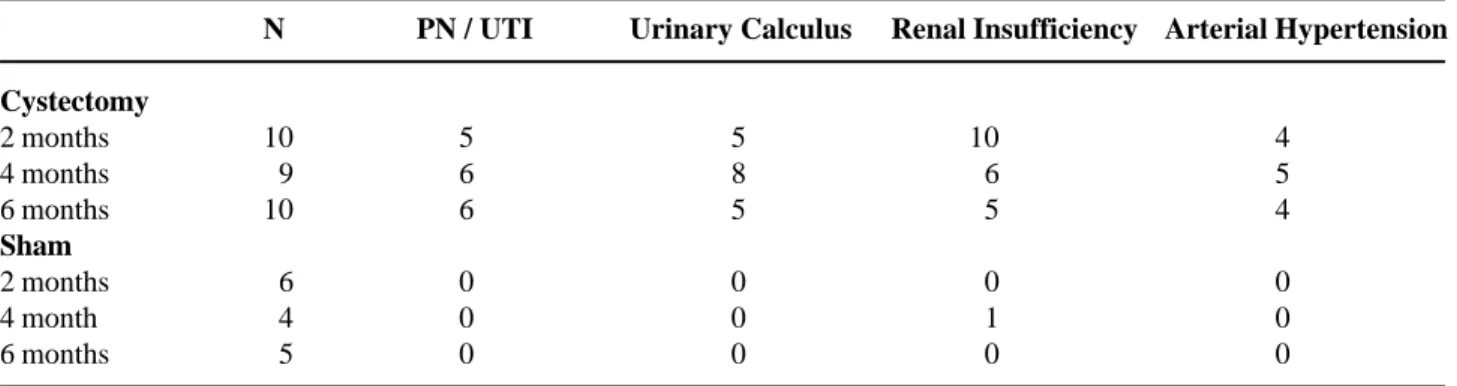 Table 2 –  Association between renal insufficiency and arterial hypertension in rats with urinary calculus and pyelone- pyelone-phritis