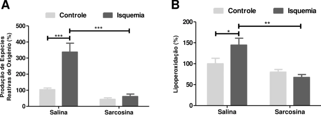 Figura  9.  O  pré-condicionamento  com  sarcosina  reduz  o  dano  oxidativo  durante  a  isquemia  em fatias de hipocampo de ratos