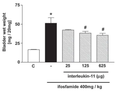 Figure 1 – Protective effect of rhIL-11 against ifosfamide-induced bladder wet weight increase