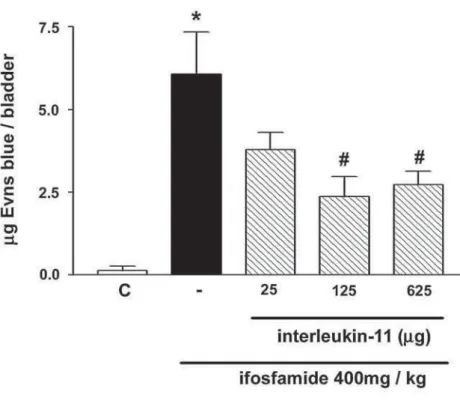 Figure 3  – Protective effect of rhIL-11 against ifosfamide-induced Evans blue extravasation in bladder