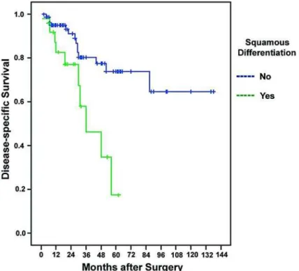 Figure 3 – Cancer-specific survival among patients with and without squamous differentiation (log-rank test; p = 0.001).