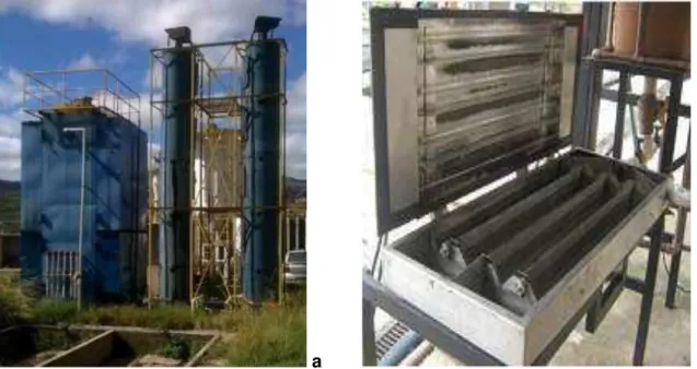 Figura 4.2 Foto do aparato experimental. Reator UASB e filtro biológico percolador (a) e  fotorreator de lâmpadas emersas (b)
