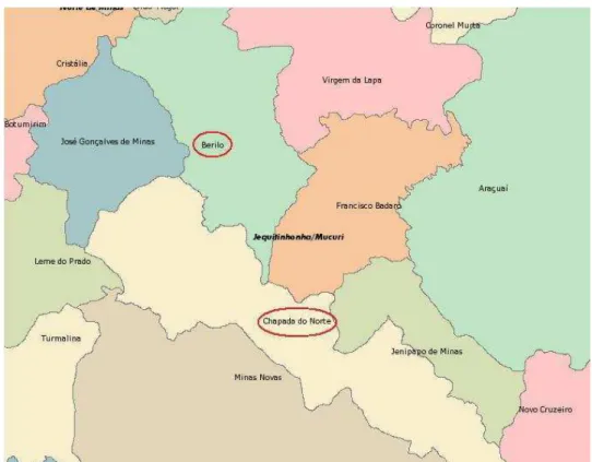 Figura 3.2 – Mapa de localização de Berilo e Chapada do Norte, entre outros municípios do 