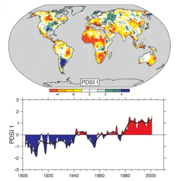 Figure 3: (a) Geographical distribution of the trend in Palmer Drought Severity Index (PDSI) during the period 1900- 1900-2000