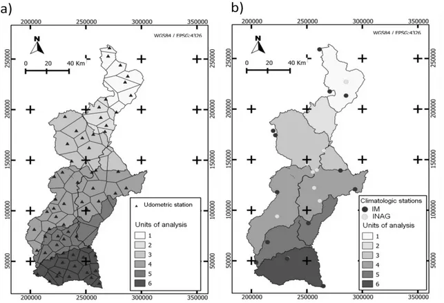 Figure 1.  Guadiana basin´s weather data sources; a) Rainfall data; b) Rainfall and air temperature data