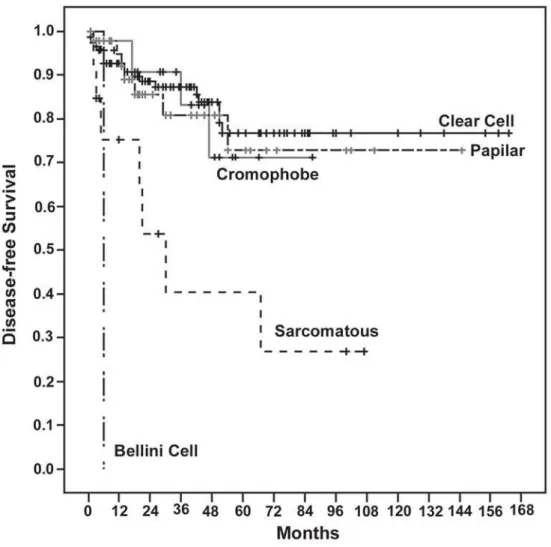Figure 1 – Probability disease recurrence curve by histological type (p < 0.001).