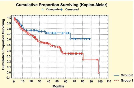 Figure 1 – Time to biochemical (PSA) progression-free survival comparing low-grade (group 0) vs