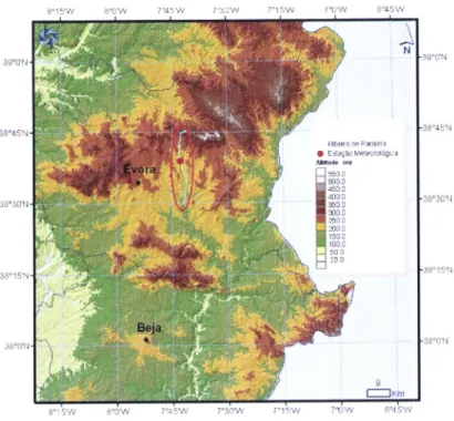 Figura  2,1  -  Area de  estudo da  climatologia  196  I  -  I  990.  Localização  das cidades de  Evora  e  Beja,  da ribeira  da  Pardiela  e da  estação  meteorológica  da  Pardiela  (CGE).