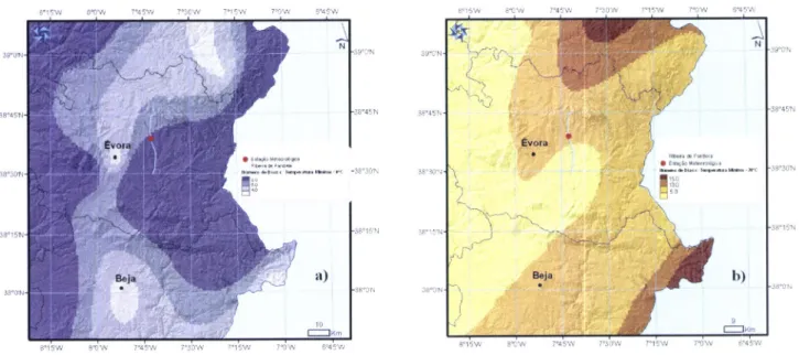 Figura  2.4  -Média  anual de número  de  dias  com  temperatura  mínima:  (a)  igual  ou  inferior  a  0&#34;C  (dias geada)  e  (b)  igualou  superior  a20&#34;C  (noites  tropicais)