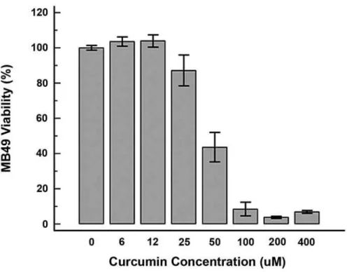 Figure 1 – Columns show the percentage of viable bladder tumor cells when exposed to variable concentrations of curcumin