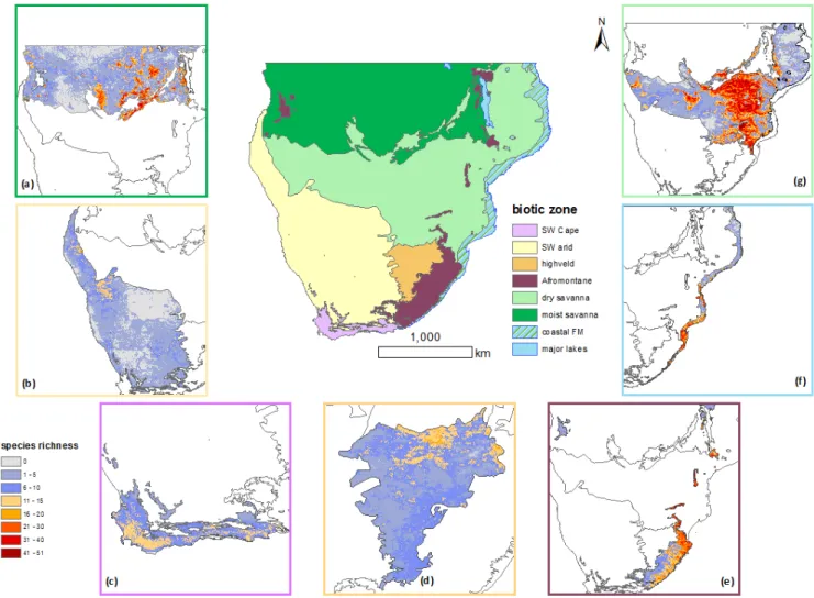 Figure 3 – Species richness by biotic region (a) moist savanna, (b) SW arid, (c) SW Cape (fynbos), (d) highveld, (e) Afromontane, (f) coastal forest mosaic, and (g) dry savanna (refer to Tab.