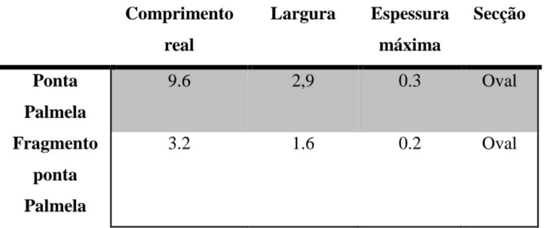 Tabela 9 – Artefactos de cobre presentes no conjunto da Bela Vista 