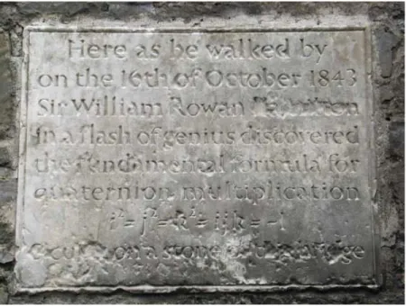 Figura 1.3: Placa em Dublin que diz: Aqui andou em 16 de outubro de 1843 Sir William Rowan Hamilton e em um lampejo de gênio descobriu a fórmula fundamental para a multiplicação dos quatérnions � 2 = � 2 = � 2 = ��� = ⊗1 e esculpiu em uma pedra da ponte.