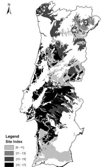 Fig. 4 Site index predicted values by the fitted M 2 model within the distribution area of cork oak in Portugal