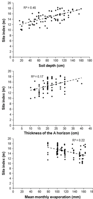 Fig. 2 Relation between site index and soil depth (cm), thickness of the A horizon (cm) and mean monthly evaporation (mm)