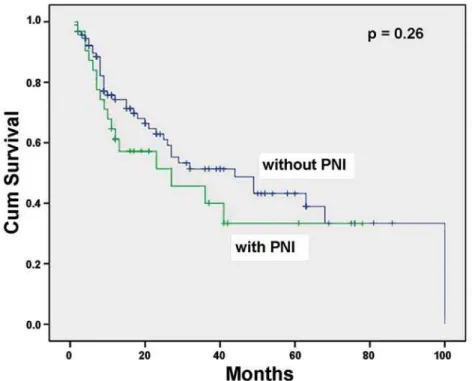Figure 3 – Kaplan-Meier biochemical (PSA) progression-free survival curve of patients with and without PNI on 132 biopsies with > 