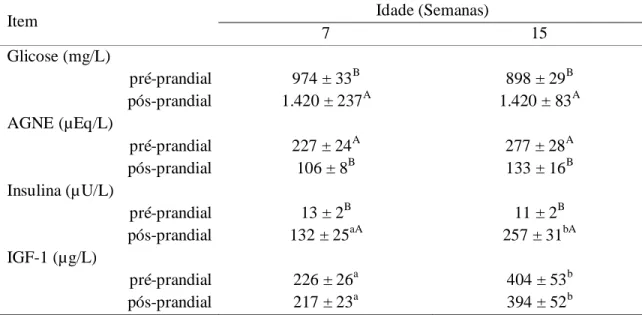 Tabela  2.  Concentração  de  hormônios  e  metabólitos  em  bezerros  em  jejum  e  após  o  aleitamento  Idade (Semanas)  Item  7  15  Glicose (mg/L)  pré-prandial  974 ± 33 B 898 ± 29 B pós-prandial  1.420 ± 237 A 1.420 ± 83 A AGNE (µEq/L)  pré-prandial  227 ± 24 A 277 ± 28 A pós-prandial  106 ± 8 B 133 ± 16 B Insulina (µ U/L)  pré-prandial  13 ± 2 B 11 ± 2 B pós-prandial  132 ± 25 aA 257 ± 31 bA IGF-1 (µg/L)  pré-prandial  226 ± 26 a 404 ± 53 b pós-prandial  217 ± 23 a 394 ± 52 b
