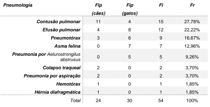 Tabela 6 - Distribuição da casuística da área médica de pneumologia, por espécie animal (Fip, Fi, Fr, n=54)  Pneumologia  Fip  (cães)  Fip  (gatos)  Fi  Fr  Contusão pulmonar  11  4  15  27,78%  Efusão pulmonar  4  8  12  22,22%  Pneumotórax  3  6  9  16,6