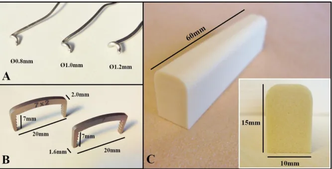 Figure 8: Components of the samples. (A) Three examples of stainless steel orthopaedic wire  with  respective  diameters