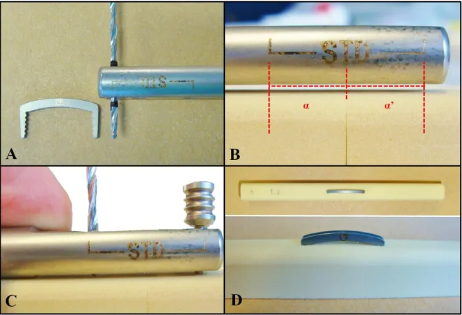Figure 10: Staple sample assembling. (A) Drill bit marks. The one on the bottom marks hole  depth, the top one is a visual reference for the operator to know when to stop drilling