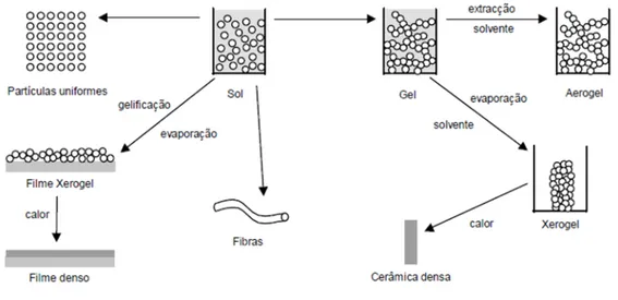 Figura 15: Esquema das diferentes etapas da produção de derivados de solǦgel (Pereira 2004) 