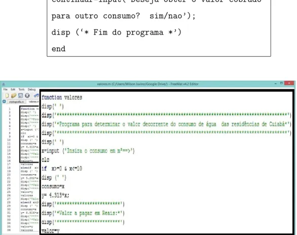 Figura 4.16: Editor do FreeMat e parte dos comandos relativos ao programa “VALORES”