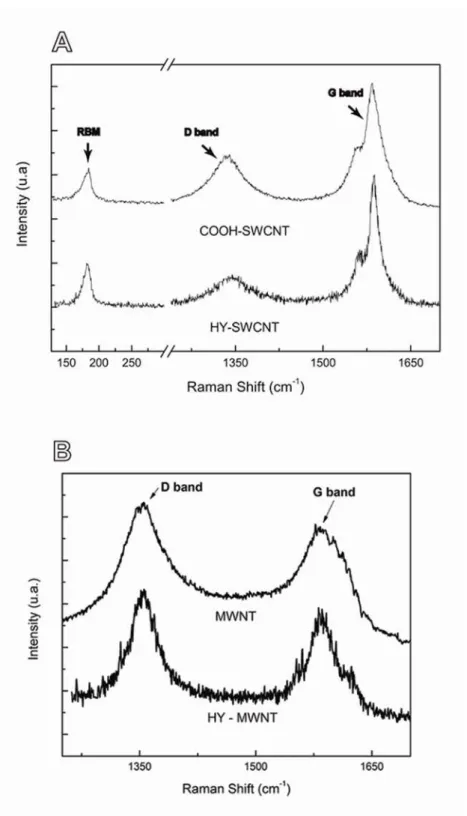 Figura  5:  Espectroscopia  Raman  dos  NTC  e  dos  NTC-HY.  Espectros  dos  NTCPS  e  NTCPS-HY 