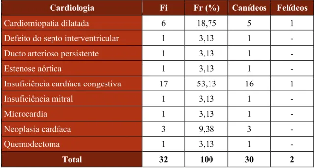 Tabela 4: Distribuição da casuística assistida na área de Cardiologia (n=32). 