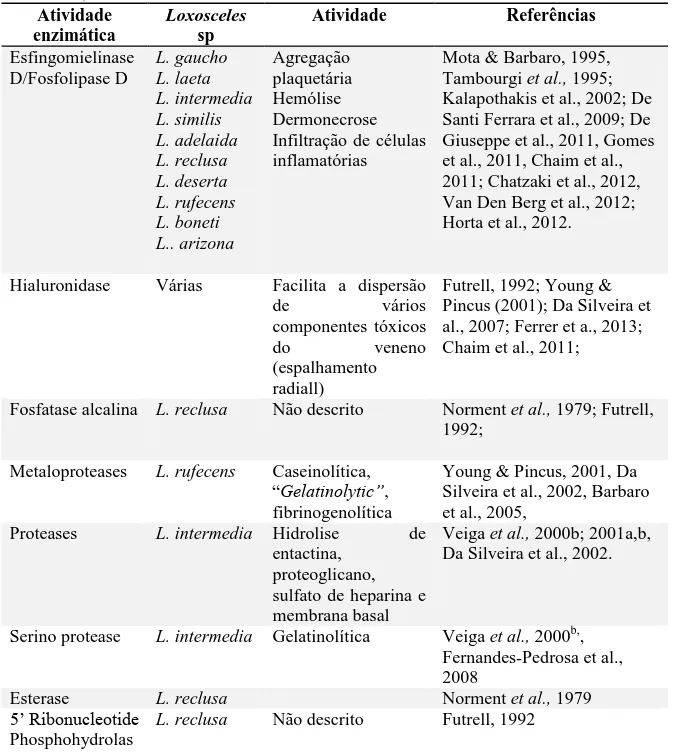 Tabela 1-Principais atividades enzimáticas do veneno de Loxosceles. Adaptado de Da Silva et al., 2004 e de   Chaim et al., 2011  Atividade  enzimática  Loxosceles sp  Atividade  Referências   Esfingomielinase  D/Fosfolipase D   L