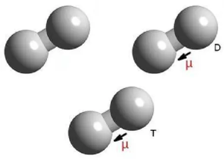 Figura 4.1: Isotopólogos da molécula de hidrogênio. Na ordem temos H 2 , HD e HT