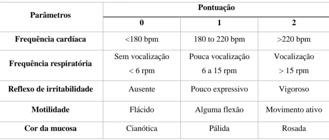 Tabela 11: Método de Apgar modificado para cachorros. Adaptado (Veronesi et al., 2009) 