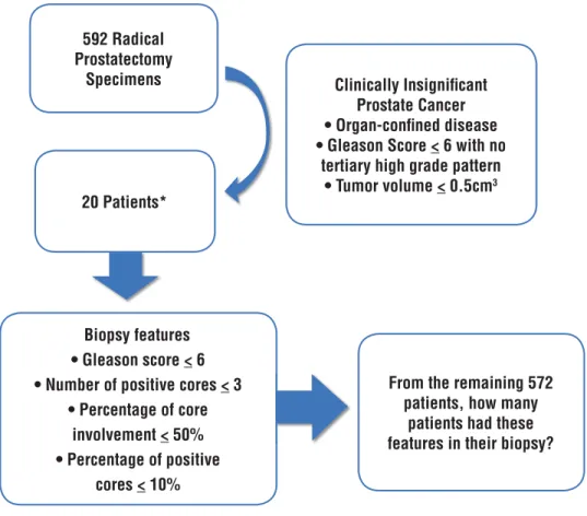 Figure 1 - Selection of patients who had clinically insignifi cant prostate cancer in radical prostatectomy as well as features  of insignifi cant tumor in biopsy.