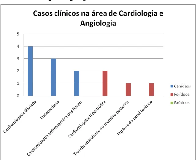 Gráfico 15 - Frequência absoluta de casos clínicos na área clínica de Cardiologia e Angiologia em cada  grupo de espécies