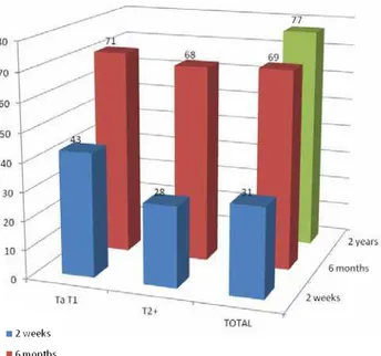 Figure 1 - Results based on tumor stage (initial staging). The  rate of relapse is shown in blue, green and red.