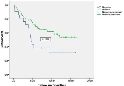 Figure 1 - Kaplan-Meier curve for biochemical recurrence free survival in 111 primary PC patients according to β1 integrin  expression