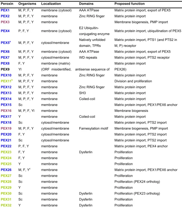Table 3 – Proteins implicated in peroxisomal biogenesis (peroxins). 