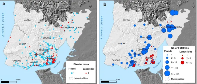 Figure 1 – Disaster cases (a) and number of fatalities (b) caused by disastrous floods and landslides (b) occurred along  the Great Lisbon area in the period of 1865-2010 