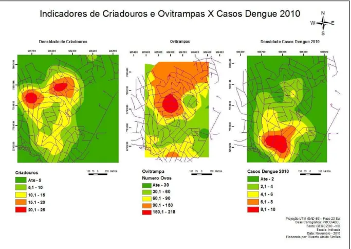 Figura 19 – Mapa de densidade das variáveis Criadouros, Ovitrampas e Casos de Dengue 2010 