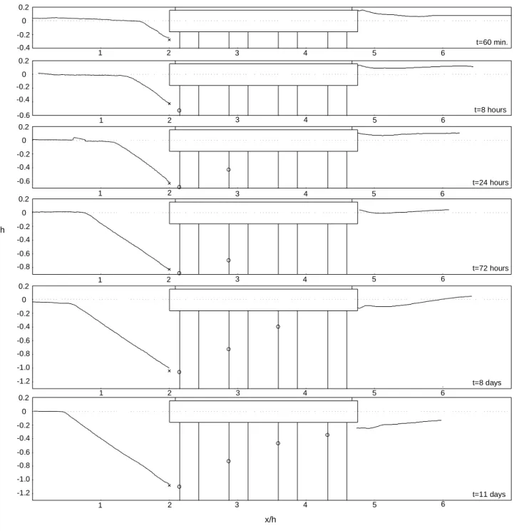 Figure 5: Bed profile configuration time evolution along the complex pier centreline. 12345 6-0.200.2-0.4 t=60 min.123456-0.200.2-0.4t=8 hours-0.6123456-0.200.2-0.4 t=24 hours-0.6123456-0.200.2-0.4t=72 hours-0.6-0.8123456-0.200.2-0.4t=8 days-0.6-0.8-1.0-1.
