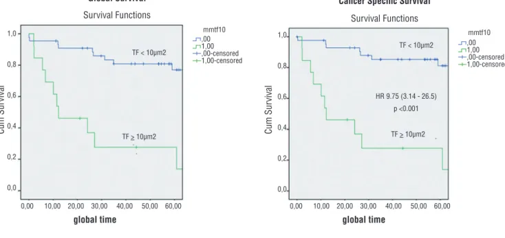 Table 2 - Association of high intensity tissue factor expression and selected variables with death among renal cancer patients  (patients = 58, events = 21).